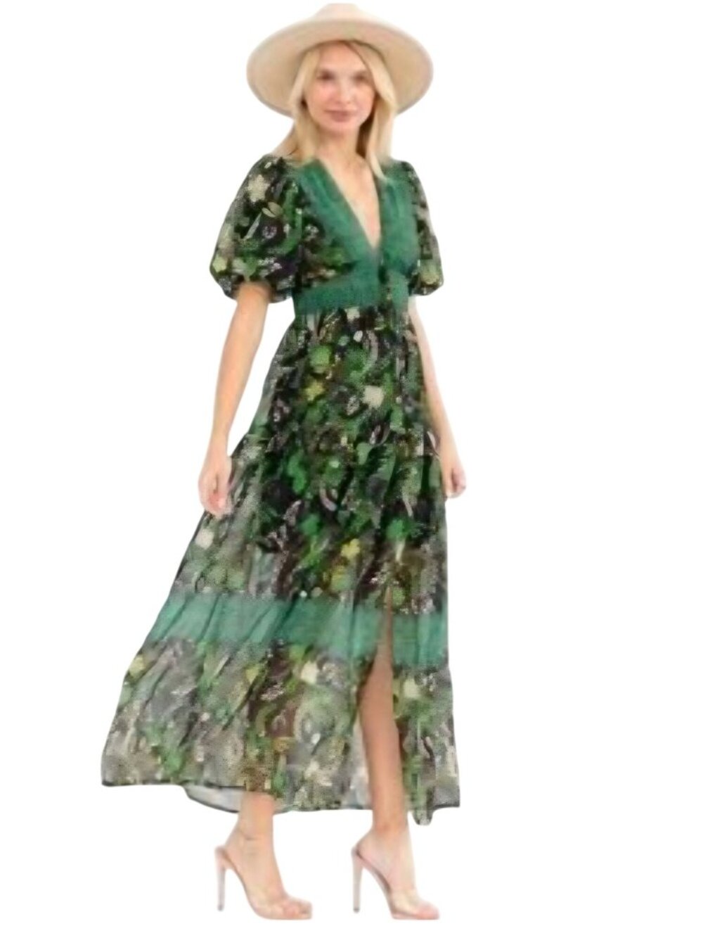 Entro NWT Amria Green Floral Bohemian Floral Midi Dress Puff Sleeve Size L